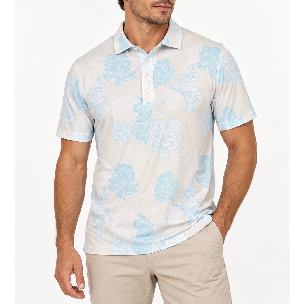 G/FORE Men's Polo Shirt Floral Print Golf New White Light Blue Size Medium